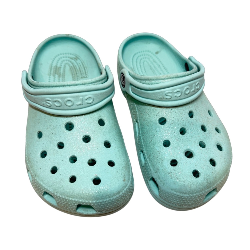 Crocs Girls Size 1 Aqua Glitter Clogs Slip On Pivoting Heel Straps